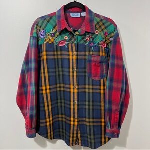 Western Fairy Vintage Plaid Floral Embroidered QPS Button Up Flannel [size L]